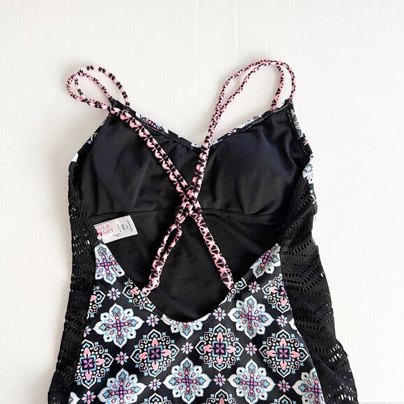 [Hula Honey] Black Gypsy Deco Lace Geometric Print One Piece Swimsuit Sz Small S - Picture 4 of 11